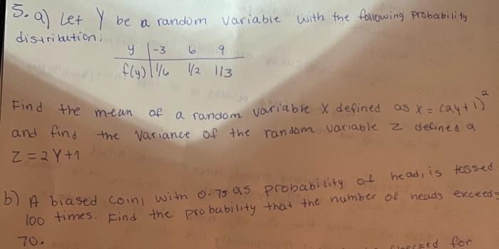 Solved 5. a) Let Y be a random variable with the following | Chegg.com