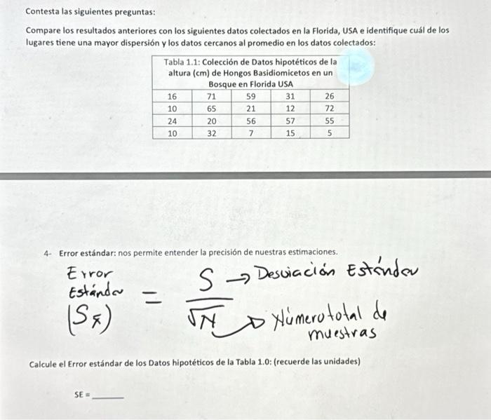 Contesta las siguientes preguntas: Compare los resultados anteriores con los siguientes datos colectados en la Florida, USA e