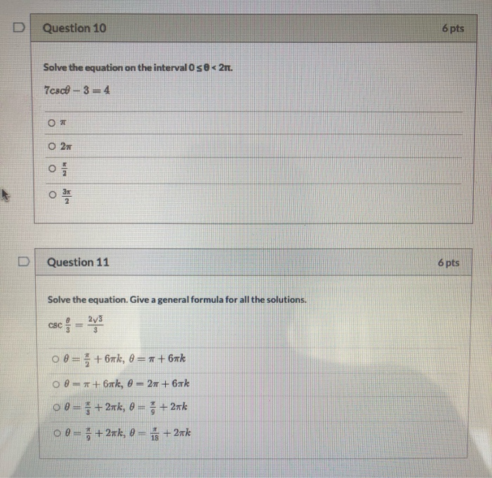 Solved Question 10 6 pts Solve the equation on the intervalo | Chegg.com
