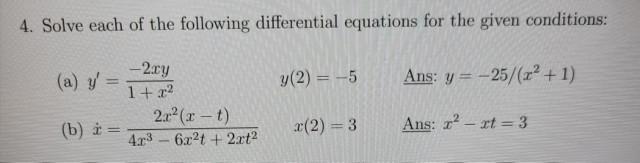 Solved 4. Solve each of the following differential equations | Chegg.com