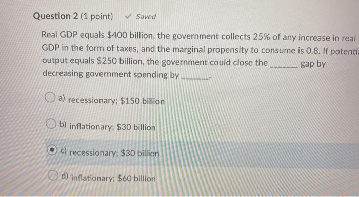 Solved Question 2 (1 point) Saved Real GDP equals $400 | Chegg.com