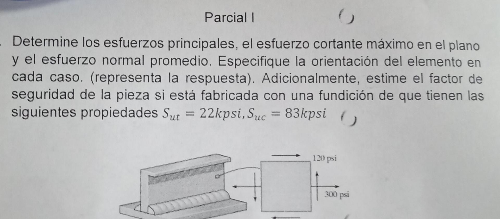 Determine los esfuerzos principales, el esfuerzo cortante máximo en el plano y el esfuerzo normal promedio. Especifique la or