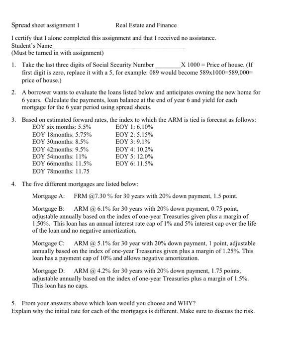 Solved Spread sheet assignment 1 Real Estate and Finance I | Chegg.com