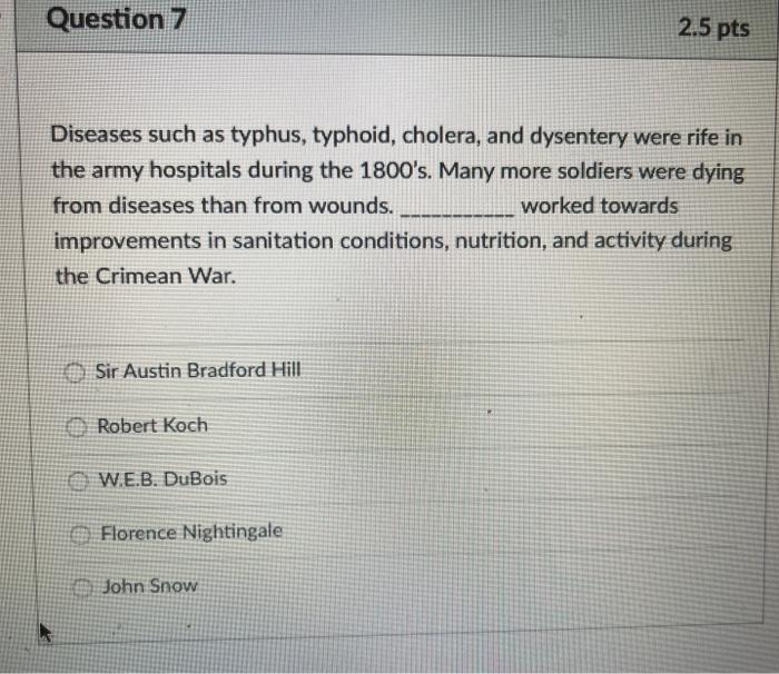 Question 7 2.5 pts Diseases such as typhus, typhoid, cholera, and dysentery were rife in the army hospitals during the 1800s