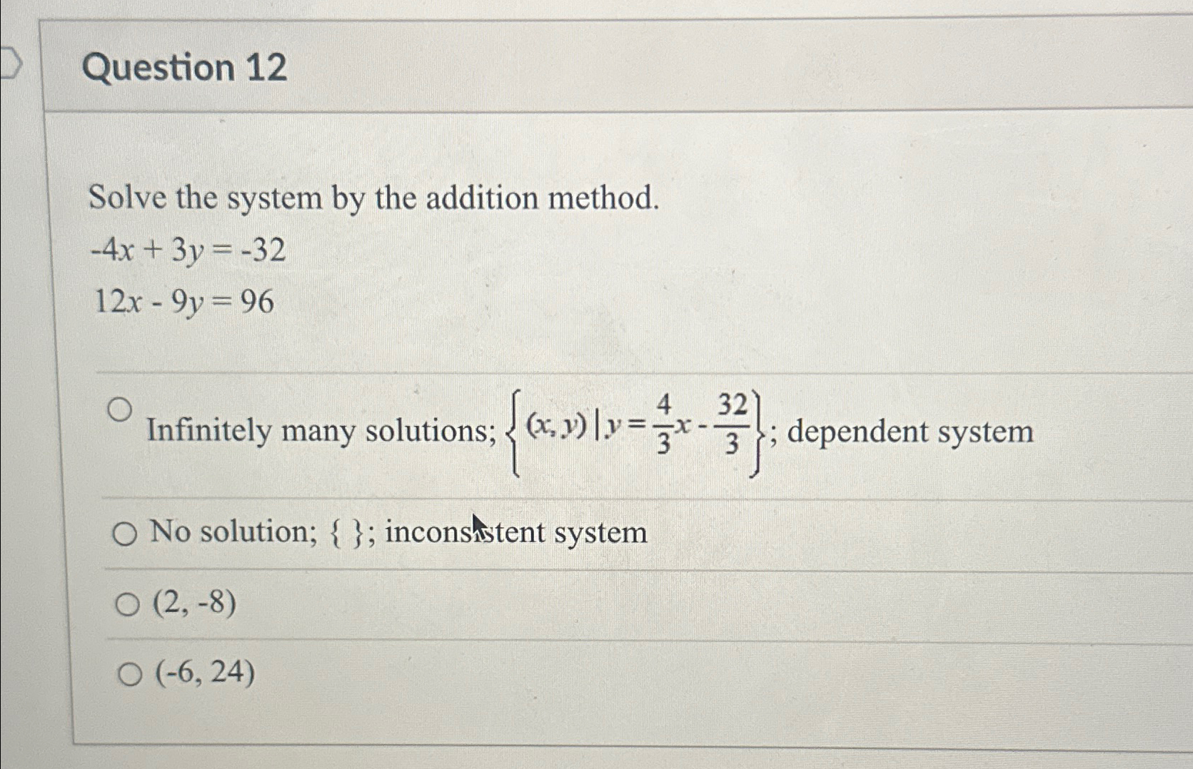 Solved Question 12Solve the system by the addition | Chegg.com