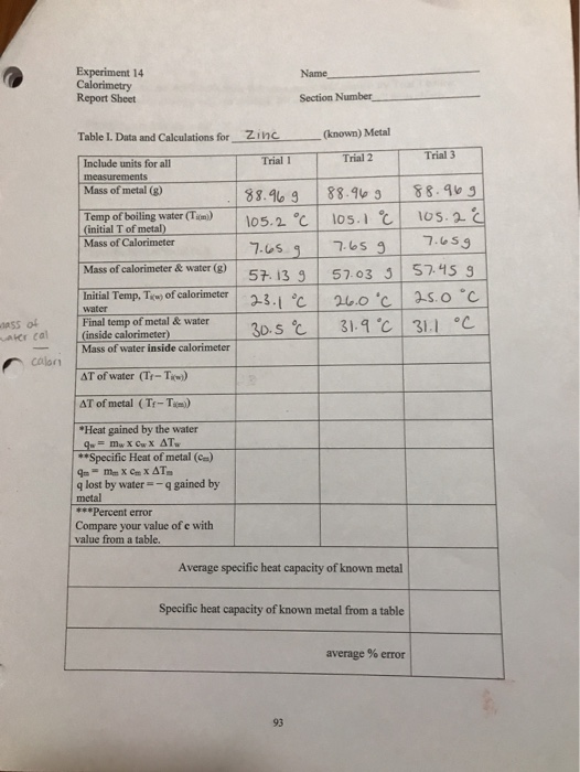 Solved Experiment 14 Calorimetry Report Sheet Name Section