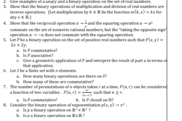 Solved 2. Give examples of a unary and a binary operation on | Chegg.com