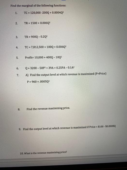 Solved Find the marginal of the following functions: 1. TC = | Chegg.com