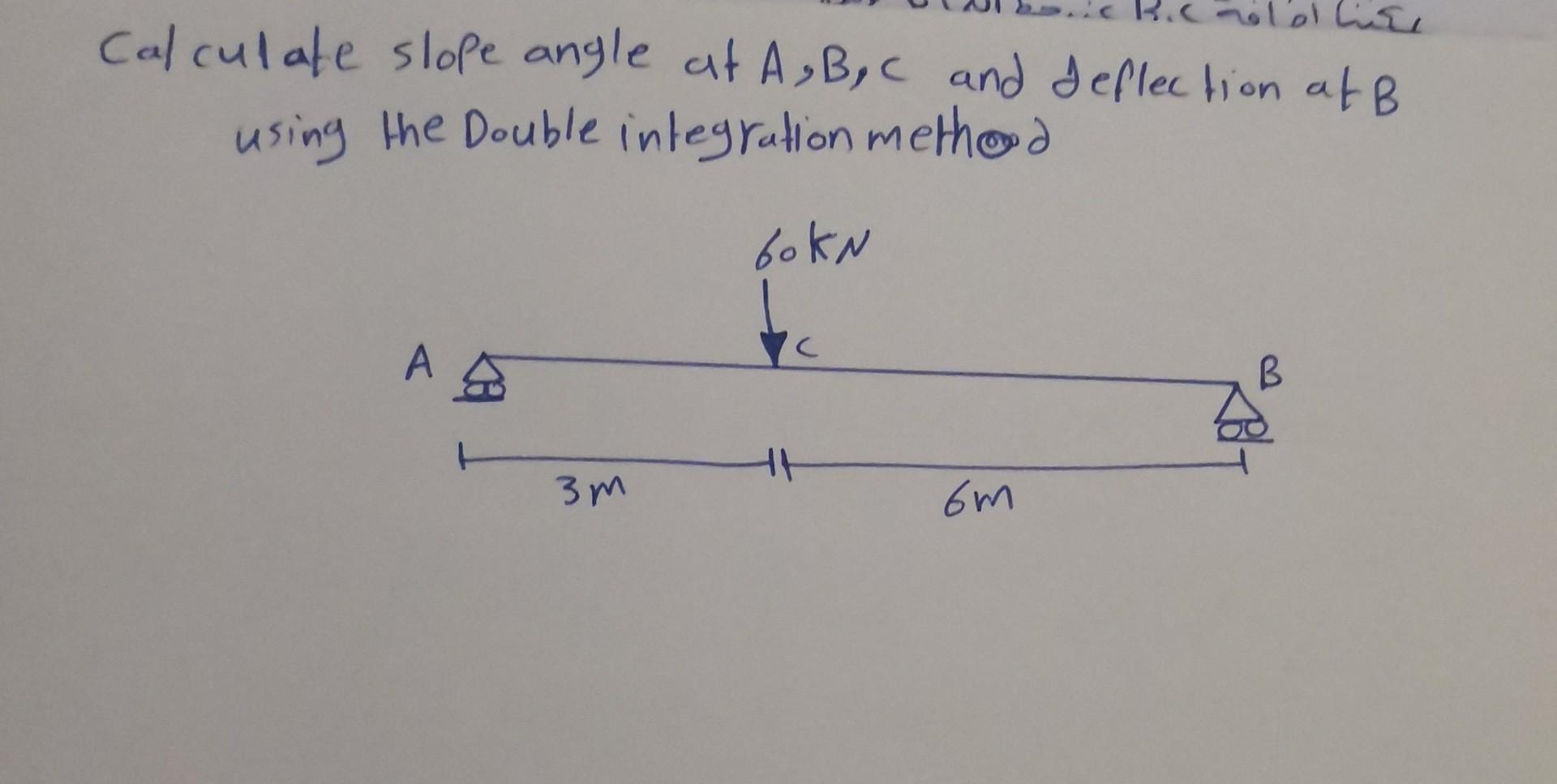 Calculate slope angle at \( A, B, C \) and deflection at \( B \) using the Double integration methord