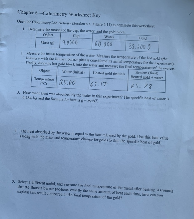 Solved Chapter 6 Calorimetry Worksheet Key Open The Chegg