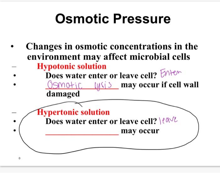 Osmotic Pressure
- Changes in osmotic concentrations in the environment may affect microbial cells
- Hypotonic solution Does