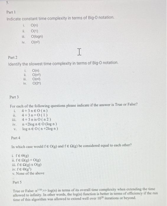 Solved 5. Part 1 Indicate constant time complexity in terms | Chegg.com