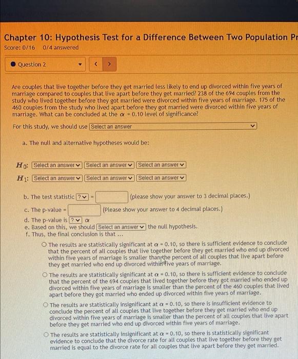 Solved Chapter 10: Hypothesis Test for a Difference Between | Chegg.com