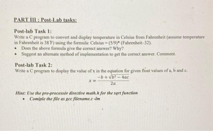 Solved Post-lab Task 1: Write a C program to convert and | Chegg.com