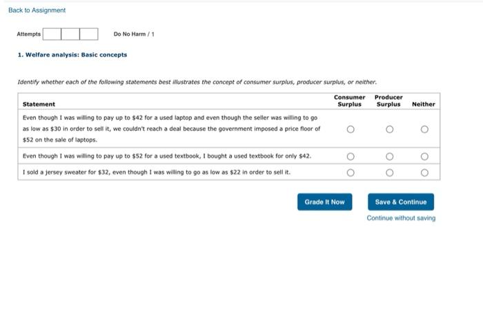 Solved Back to Assignment Attempts Do No Harm/1 1. Welfare | Chegg.com