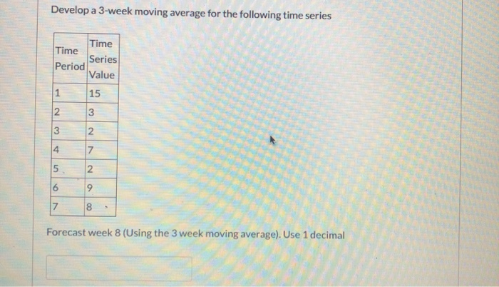 Solved Develop a 3-week moving average for the following | Chegg.com