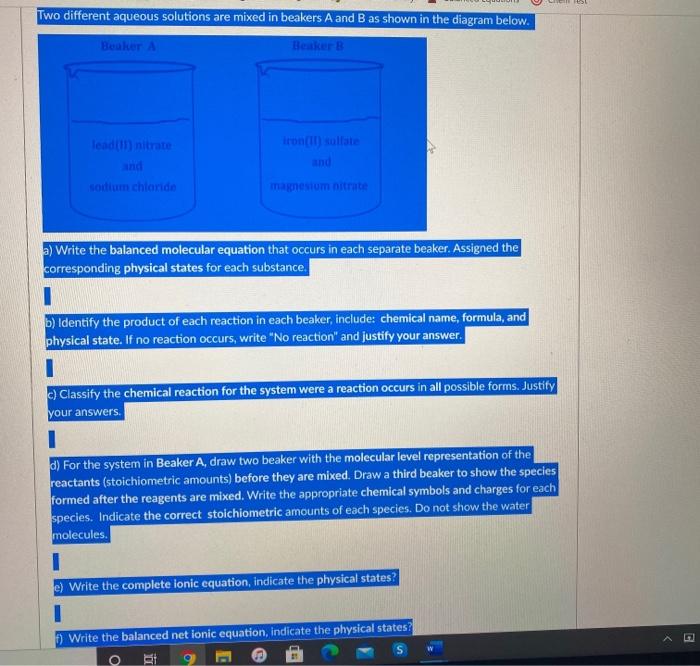 Two Different Aqueous Solutions Are Mixed In Beakers Chegg Com