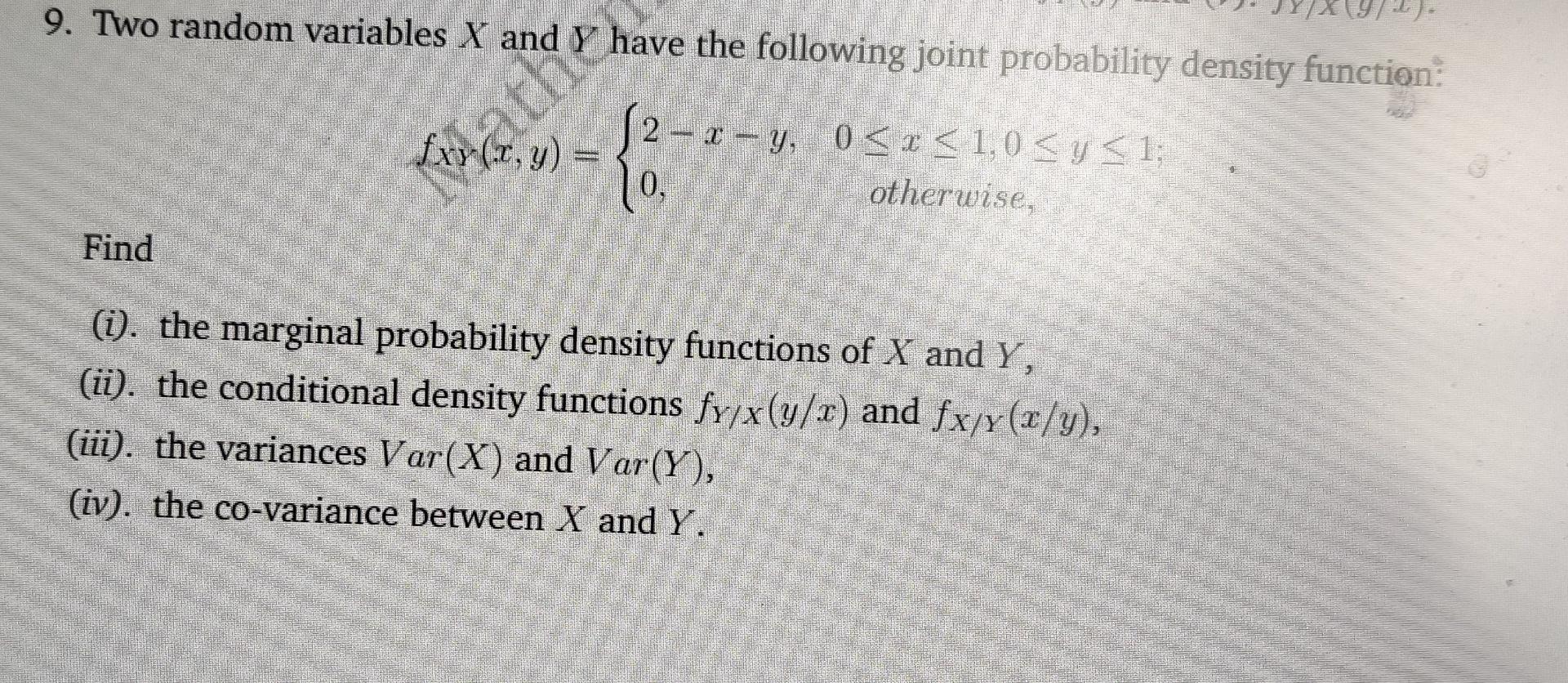 Solved 9. Two random variables X and Y have the following | Chegg.com