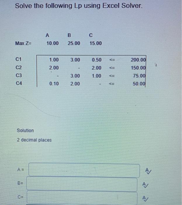 Solved Solve The Following Lp Using Excel Solver. B A 10.00 | Chegg.com