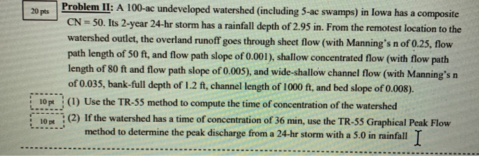 Solved 20 pts Problem II: A 100-ac undeveloped watershed | Chegg.com