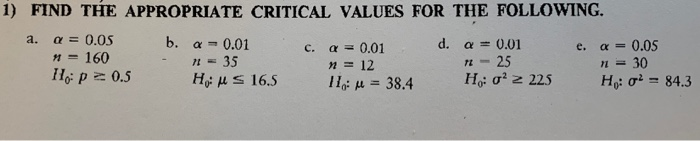 Solved a. 1) FIND THE APPROPRIATE CRITICAL VALUES FOR THE | Chegg.com