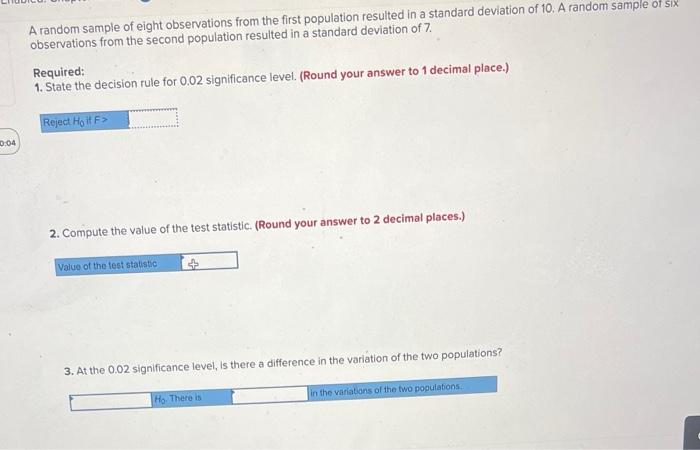 Solved A random sample of eight observations from the first | Chegg.com