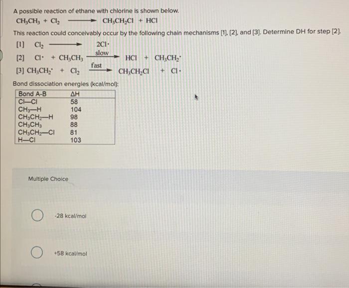 A possible reaction of ethane with chlorine is shown below.
\[
\mathrm{CH}_{3} \mathrm{CH}_{3}+\mathrm{Cl}_{2} \longrightarro