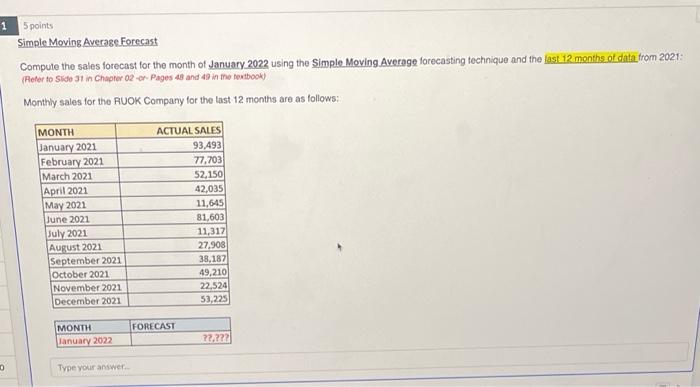 Solved Simple Moving Average Forecast Compute the sales | Chegg.com