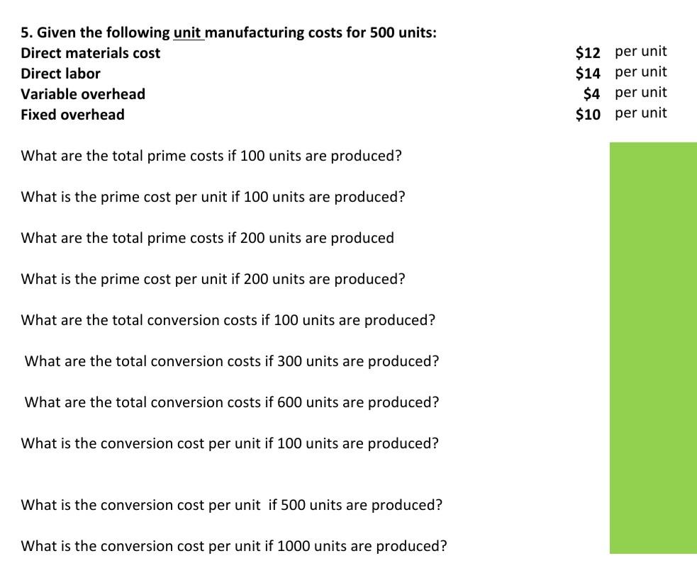 Solved 5. Given the following unit manufacturing costs for
