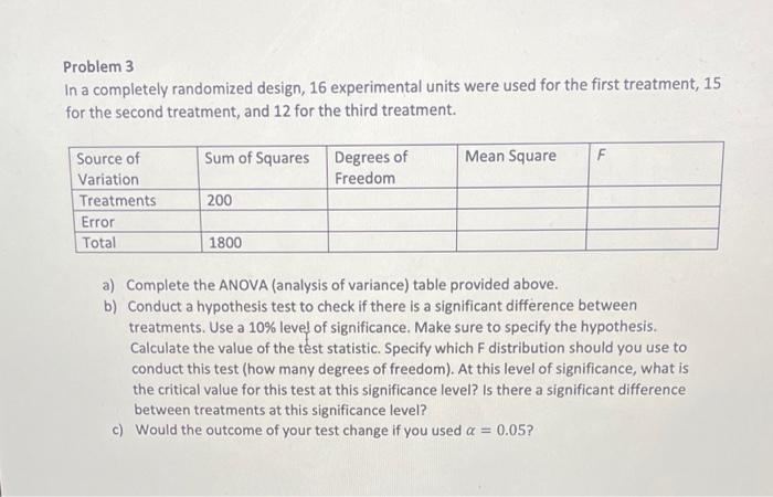 Solved Problem 3 In A Completely Randomized Design, 16 | Chegg.com