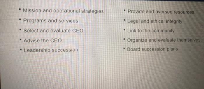 Mission and operational strategies - Provide and oversee resources Programs and services Select and evaluate CEO Legal and et