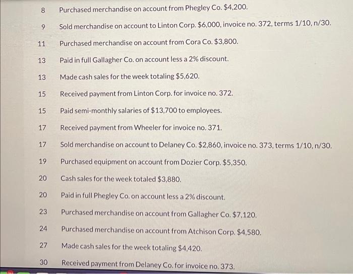 8 Purchased merchandise on account from Phegley Co. \( \$ 4,200 \).
9 Sold merchandise on account to Linton Corp. \( \$ 6,000