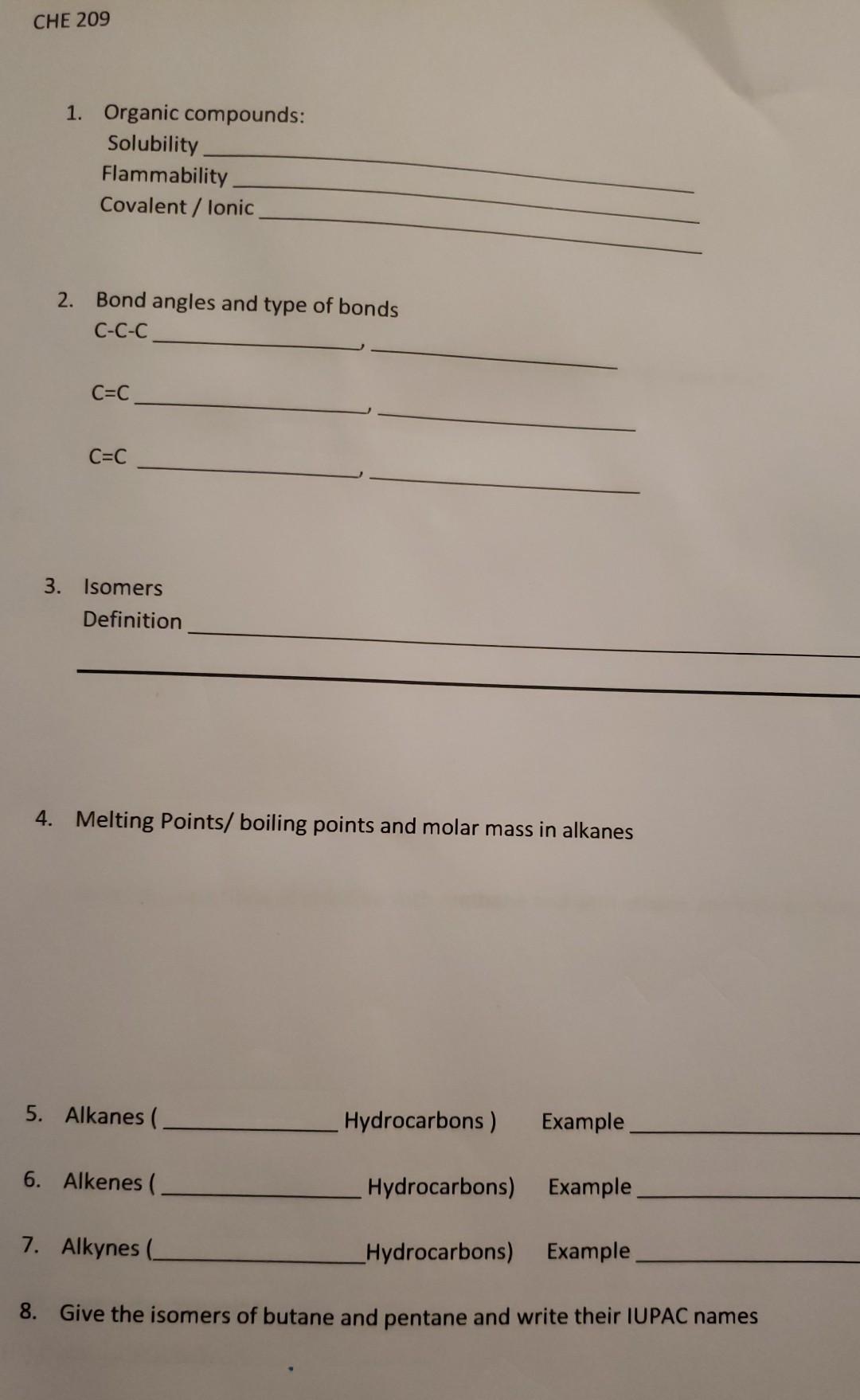 Solved 1. Organic compounds Solubility Flammability