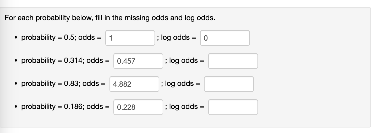 Solved For each probability below, fill in the missing odds | Chegg.com