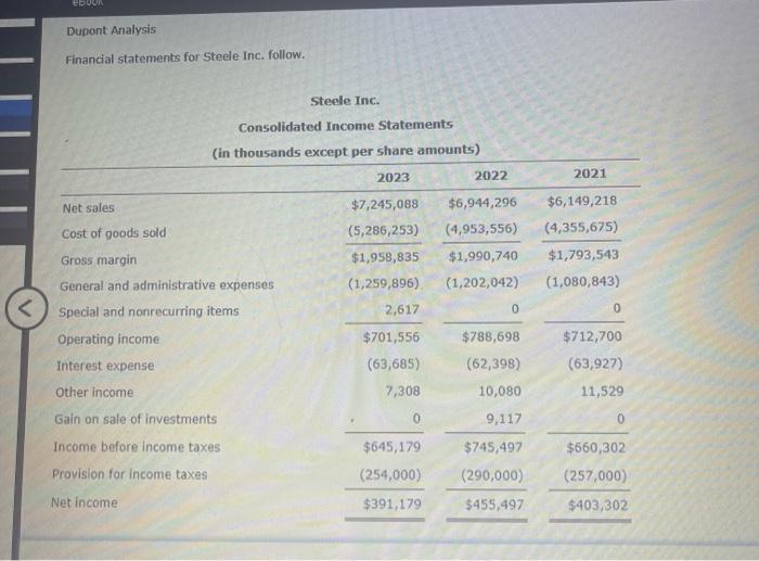 Solved EBook Dupont Analysis Financial Statements For Steele | Chegg.com