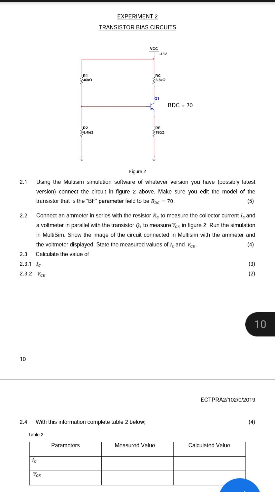 Solved EXPERIMENT 2 TRANSISTOR BIAS CIRCUITS Figure 2 2.1 | Chegg.com