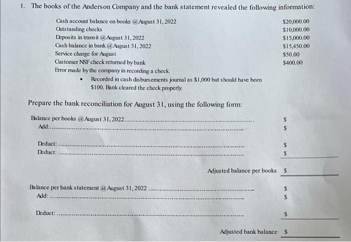 1. The books of the Anderson Company and the bank statement revealed the following information:
\( \begin{array}{ll}\text { C