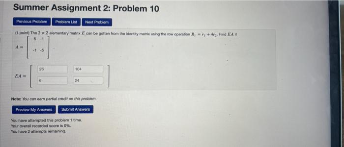 Solved Summer Assignment 2: Problem 10 Previous Problem | Chegg.com
