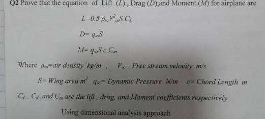 Solved Q2 Prove that the equation of Lift (L), Drag (D), and | Chegg.com