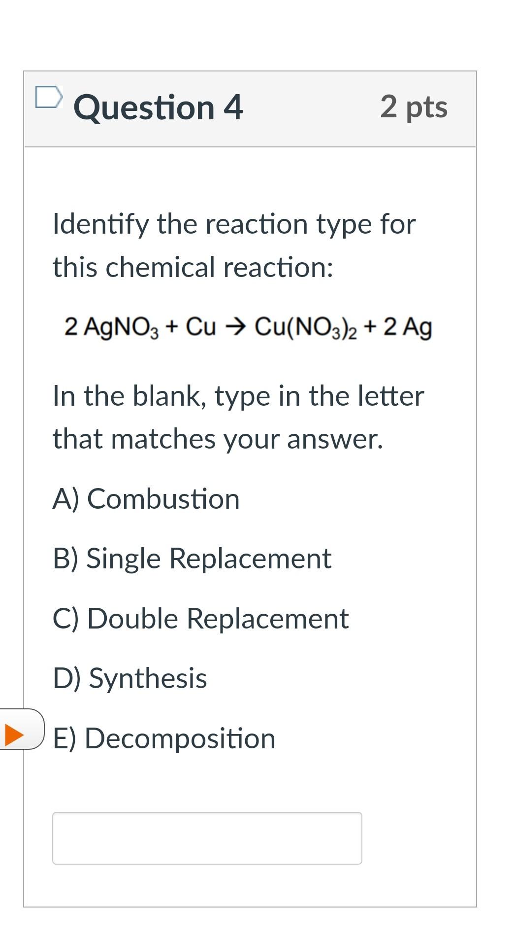Solved Question 1 2 pts Identify the reaction type for this | Chegg.com