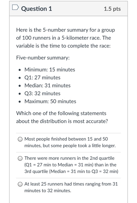 Solved Question 1 1.5 pts Here is the 5-number summary for a 