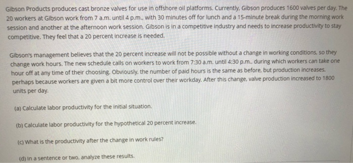 Solved Gibson Valves produces cast bronze valves on an