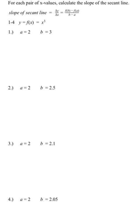 Solved For each pair of x-values, calculate the slope of the | Chegg.com