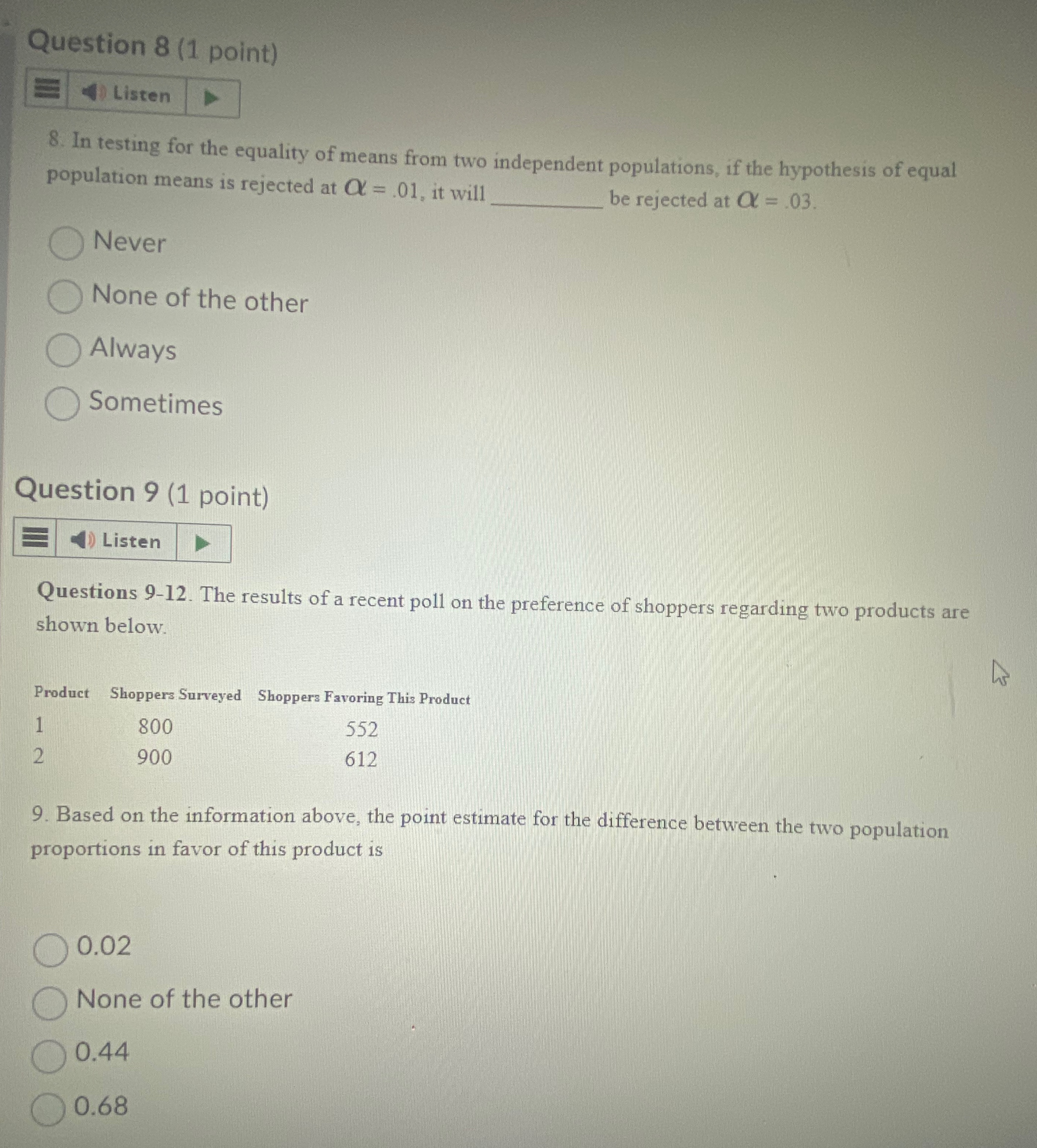 Solved Question 8 (1 ﻿point)Listen8. ﻿In testing for the | Chegg.com