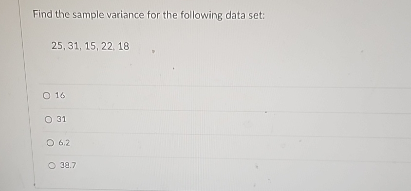 Solved Find the sample variance for the following data | Chegg.com