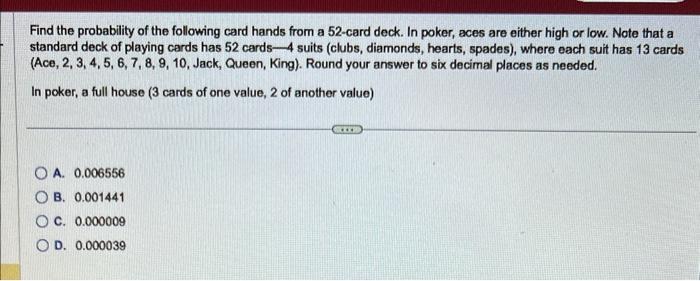 Solved Find the probability of the following card hands from | Chegg.com