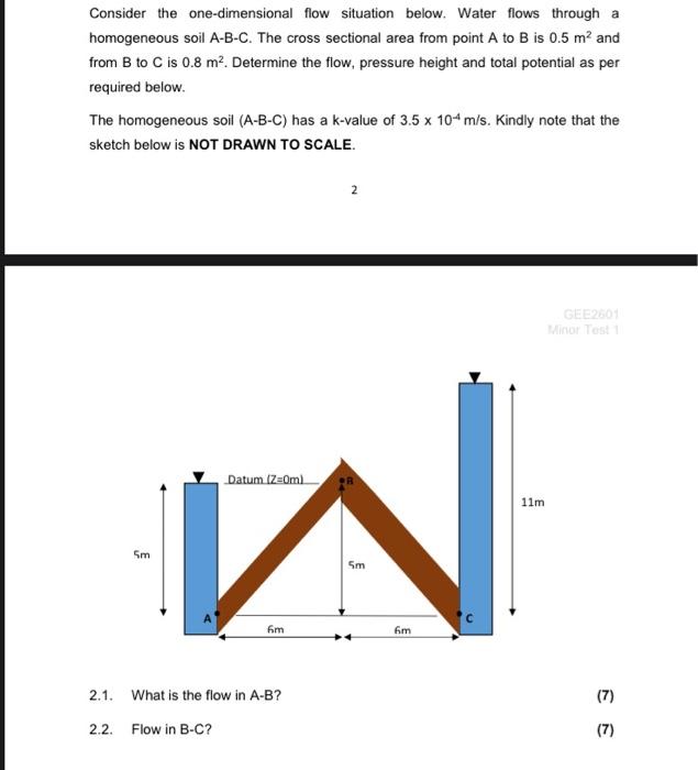 Consider the one-dimensional flow situation below. Water flows through a homogeneous soil A-B-C. The cross sectional area fro