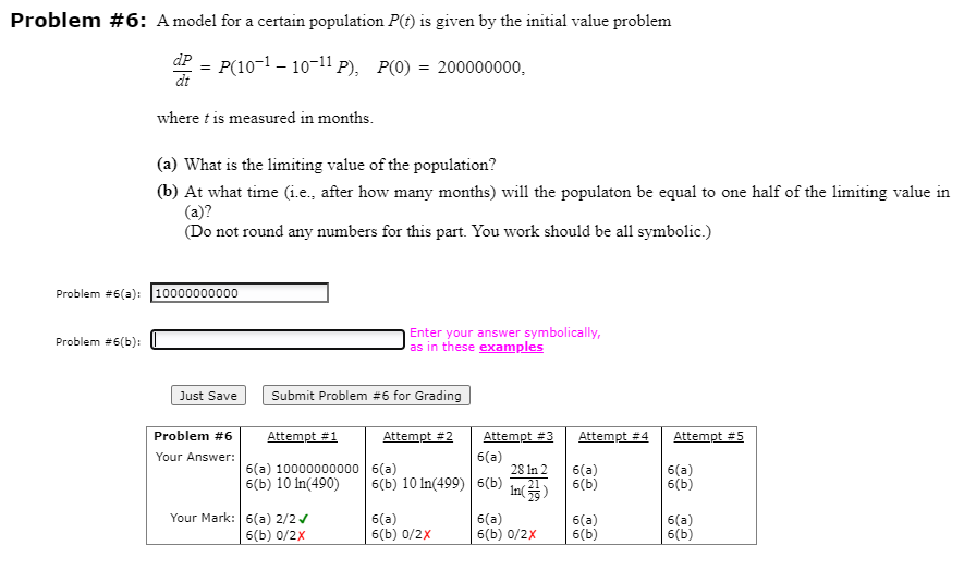 Solved Problem # 6: A model for a certain population P(t) | Chegg.com