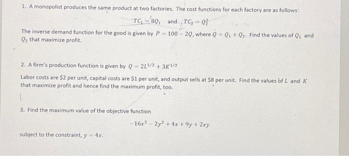 Solved 1. A Monopolist Produces The Same Product At Two | Chegg.com