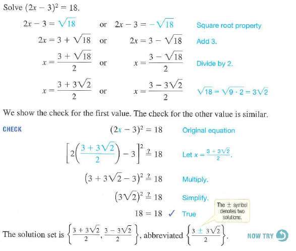 Solved: Use the square root property to solve each equation. Se ...